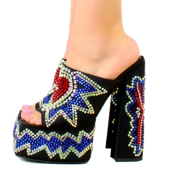 7.5 Azalea Wang Black LOLA Rhinestone Embellished Red Heart Platform Heels - Picture 2 of 5